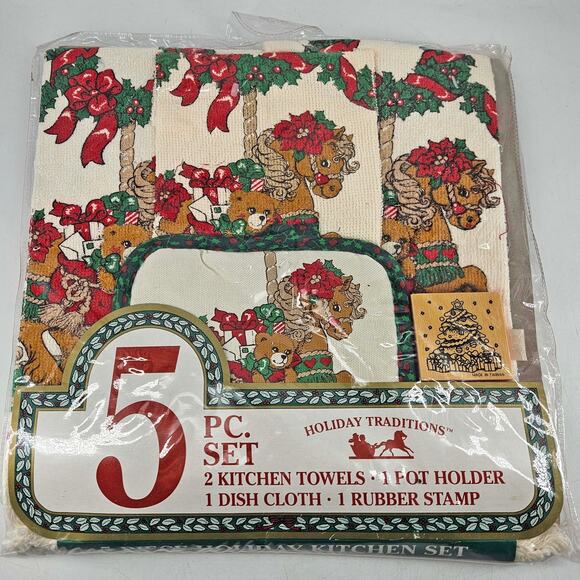 Holiday Traditions 5 pc kitchen towels pot holder Christmas carousel teddy bear - Picture 1 of 4